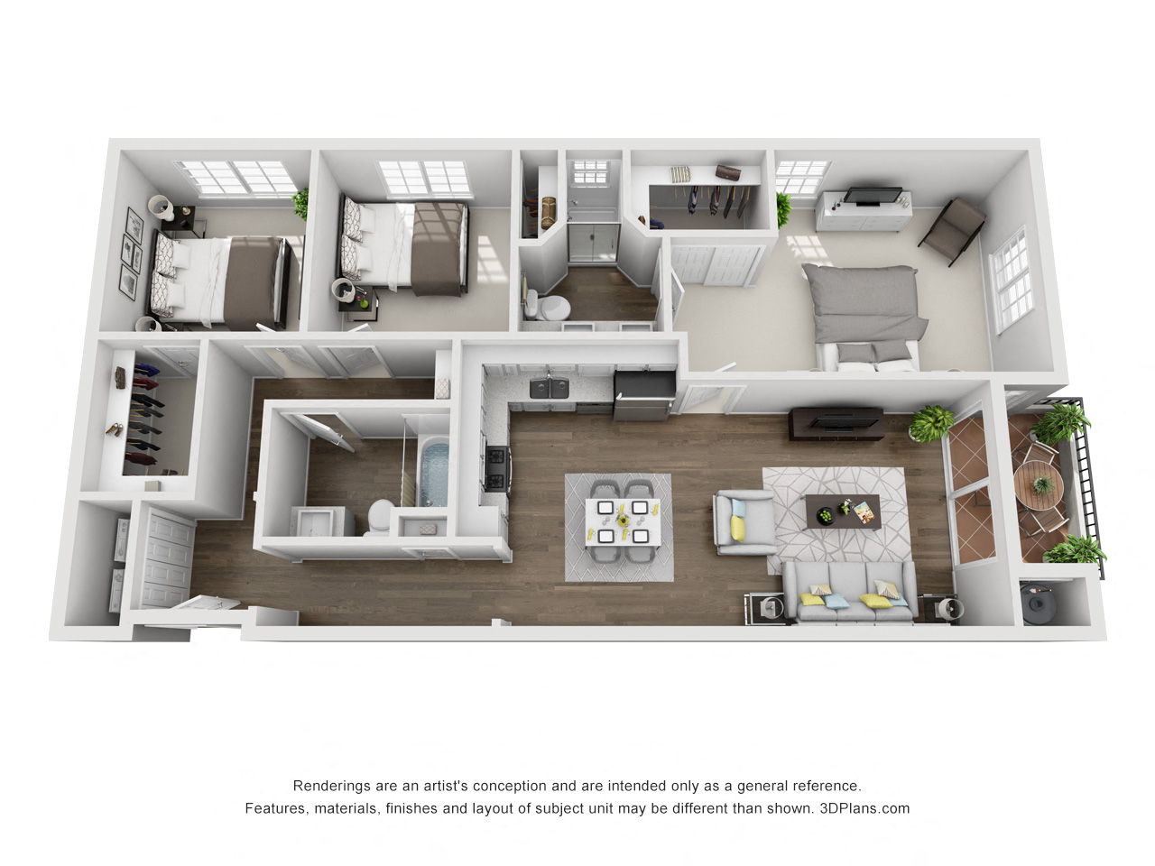 Floor plan for 3 beds, 2 baths, 1184 sqft
